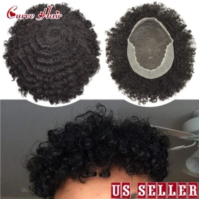 Toupee Men Human Hair Afro Wave Wig French Lace Thin Skin Kinky Curly Hair Units - Image 1 of 4