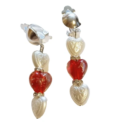 Ohrclips Clips Herzen silberf weiß rot Trachtenlook 5,5 cm lang Ohrringe - Bild 1 von 4