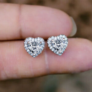 Heart Diamond Halo Stud Earrings 14K White Gold Finish 2.00Ct Simulated Diamond