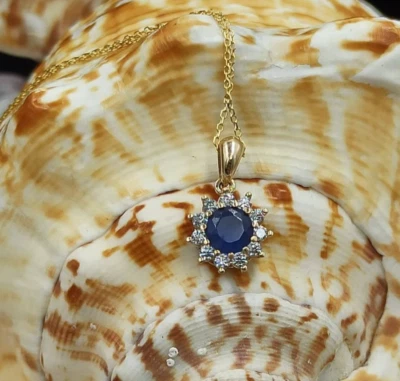 Natural Blue Sapphire Necklace Gold Plated Diamond Necklace 925 Silver Pendant - Image 1 of 4