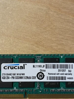 MacBook Pro A1297 Crucial 4GB Memory RAM SO-DIMM CT51264BC1067.M16FMR - Image 1 of 2
