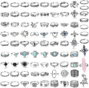 CASSIECA 82 Pcs Vintage Silver Knuckle Rings Set for Women Teen Girls Bohemian - Picture 1 of 7