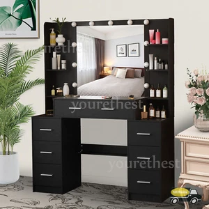 Black Dressing Table With LED Makeup Mirror and 7 Drawers 8 Shelves Vanity Desk - Picture 1 of 7