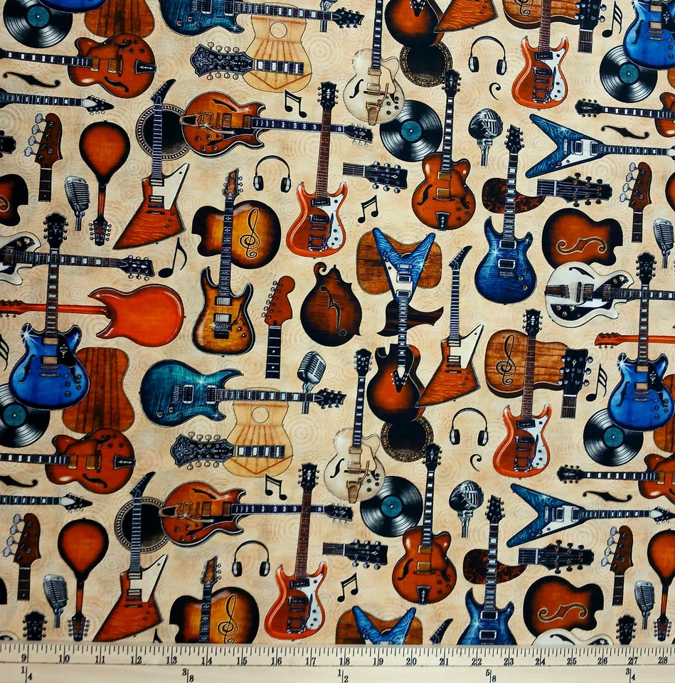 Cotton Rock N Roll Fantasy Electric Guitar Records Fabric Print by Yard D774.11 - Image 1 of 1