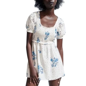 Mini Vestido Zara Ojales Calado Floral Manga Abullonada Cuello Cuadrado Cottagecore XS - Imagen 1 de 8