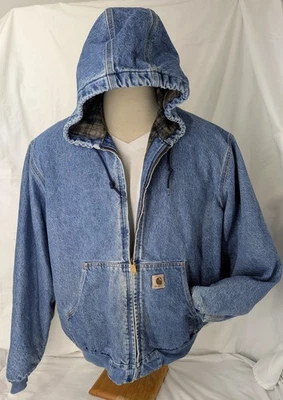 Винтажный CARHARTT куртка джинсовой ткани с капюшоном Sz 2XL одеяло с подкладкой J139DST - Изображение 1 из 4