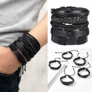 Mens Punk Black Leather Wrap Braided Wristband Cuff Bangle Bracelet Jewelry Gift
