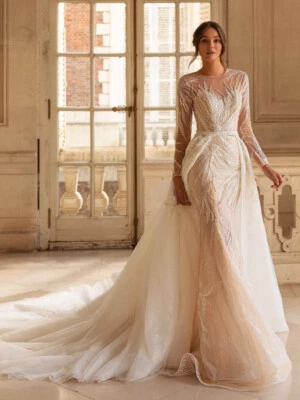 Elegante Vestido de Noiva Sereia Decote O Lantejoulas Brilhantes Vestido de Noiva Trem Destacável - Imagem 1 de 4