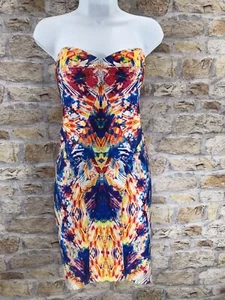 Wow Couture Blue Multi Strapless Bodycon Dress Mirror Geo Design Size M Spandex - Picture 1 of 6