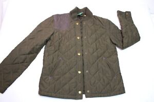 Lauren Ralph Quilted Jacket Women's Medium olive green brown Snap leather patch