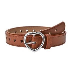 Girl Silver Heart Pin Buckle Solid Color Faux Leather Heart-shaped Holes Belt - Picture 1 of 16