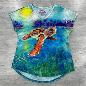 Leoma Lovegrove Women Medium Colorful Beach Turtle Wearable Art Top Short Sleeve - Picture 1 of 10