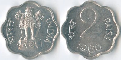India 1966 Bombay 2 Paise KM# 13.1 Aluminum Ashoka Lion Capital Devanagari - Image 1 of 3
