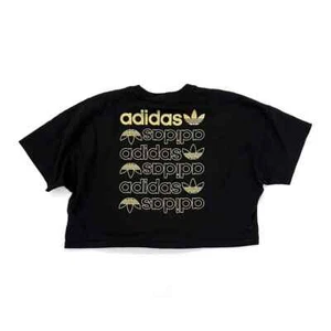 Adidas Gold Logo Black Cropped Tee Womens Size S - Picture 1 of 6