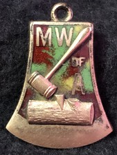 Vintage Modern Woodmen of America MWA Hatchet Axe Pendant Fob Charm Enamel Red
