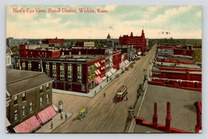 Birds Eye Retail District Wichita Kansas Car Trolley People VTG DB 1913 Postcard - Picture 1 of 4