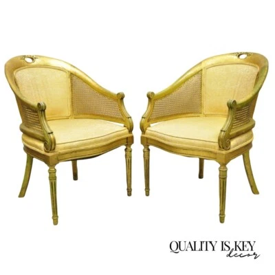 French Hollywood Regency Gold Gilt Barrel Back Cane Lounge Chairs - a Pair - Image 1 of 4