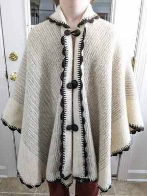 Vtg Handmade Wool Poncho Small White Gray Buttons Collar Striped Shawl - Image 1 of 4
