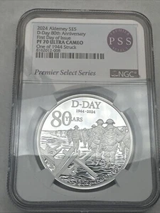 2024 £5 Alderney D-Day 80th Anniv.  Coin NGC PF 70 UC FDI One Of 1944 Struck PSS - Picture 1 of 13