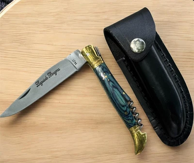 Vintage Laquiole Pocket Knife Blade Wood Handle Corkscrew Sheath Leather Men's - Image 1 of 4