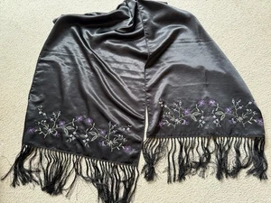 Vintage Black Satin Shawl Wrap Scarf Floral Embroidered W/Fringe Flowers New - Picture 1 of 10