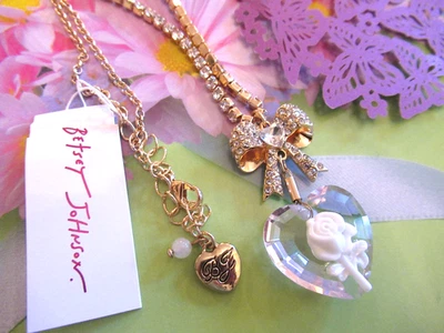 Betsey Johnson AUTHENTIC Pink Heart White Rose Cameo Rhinestone Bow Necklace NEW - Image 1 of 4