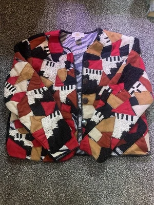 Sandy Starkman Jacket Women Size 14 Patchwork Wool Cotton Leather - Image 1 of 3