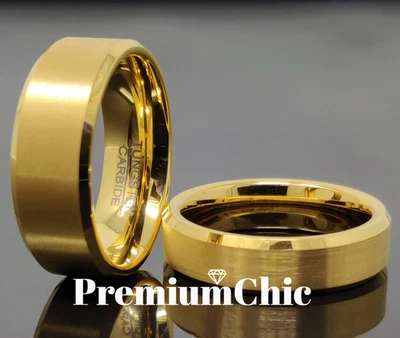 24k Gold Plated Tungsten Carbide Men's Wedding Band Ring Brushed Beveled Edge - Image 1 of 4