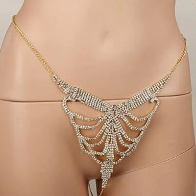 Sexy Rhinestone Thong Panty Gold White Body Chain Underwear Lingerie - Image 1 of 4