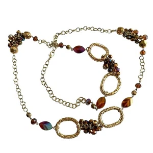 Extra Long 44" Bright Gold Tone and Amber Necklace A/B Glass Beads - Picture 1 of 3