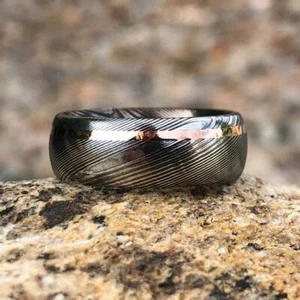 8mm Black Damascus Steel Rose Gold Inlay Wedding Ring - Picture 1 of 7