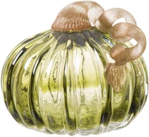 4.72In Hand Blown Two-Tone Green Crackle Glass Pumpkin Table Accent Fall Decor - Picture 1 of 7