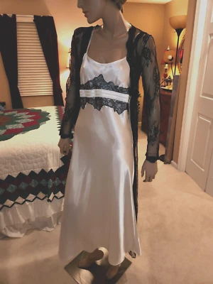 Jones New York Bridal White Satin Nightgown Black Lace Peignoir Robe Negligee  S - Image 1 of 4