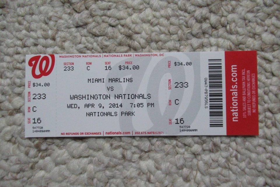 NATIONALS VS MARLINS 4/9/2014 FULL TICKET ~ JAYSON WERTH (GRAND SLAM HR) - Imagem 1 de 1