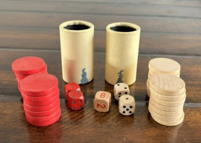 VTG 1975 Backgammon Game Pieces 14 Red 14 White Chips 2 Shakers All Dice S & R - Image 1 of 4