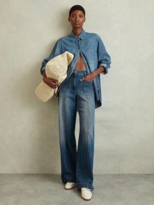 REISS Kira Petite Front Pocket Wide Leg Jeans in Mid Blue ize 24 - Image 1 of 4