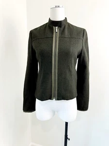 Mango MNG Wool blend Army Green Zip Up Jacket Moto Mock Neck Jacket Size M - Picture 1 of 14
