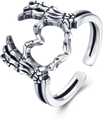 925 Sterling Silver Love Skull Ring Gothic Open Ring Jewelry Gifts Biker Women - Image 1 of 4