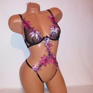 Victoria Secret Lingerie Teddy One Piece Bodysuit Black Pink Applique Floral New - Picture 1 of 10