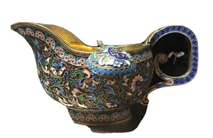 Set Russian Imperial Silver 88 Enamel Creamer W/Spoon Hallmarked Weight 270 Gram - Picture 1 of 12