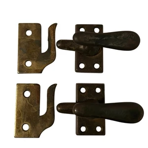 2 Antique Brass Casement Window Sash Latches With Catch Reclaimed Home Salvage - Picture 1 of 14