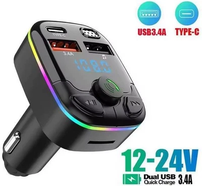 FM-Transmitter Auto Bluetooth PD Typ-C Dual USB MP3 Player Micro SD Kfz Radio  - Bild 1 von 4
