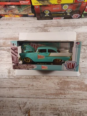 M2 MACHINES 1957 CHEVY 150 R62 HOLLEY CARBURETOR Chase Gold TEAL/WHITE  1:24  - Image 1 of 4