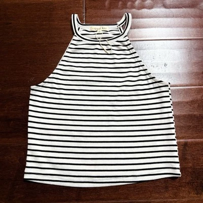 Copper Key Black And White Stripe Halterneck Crop Tank Top - Image 1 of 3