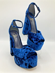 Sam Edelman Kori Plateau Absatz Como Blau Samt Knöchelriemen Offene Zehenpartie 6M Neu - Bild 1 von 21