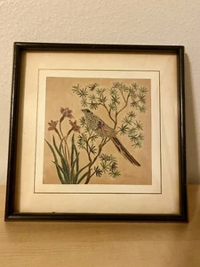 Antique Original Hand Painting on Fabric Bird On Floral Branch Artist signed - Picture 1 of 7