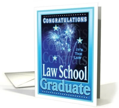 Tarjeta de felicitación de graduación de la Facultad de Derecho fuegos artificiales estrellas azul PERSONALIZABLE Foto 1 de 4
