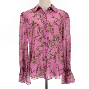 Milly NWT Long Sleeve Lacey Chain Collared Blouse Size Small in Pink/Brown/Multi - Picture 1 of 9