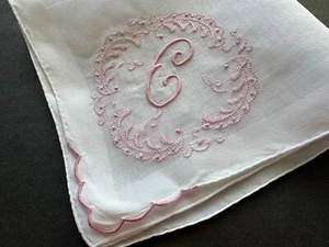A+ Vintage White Hankie Madeira Hand Embroidered Pink Monogram C Wedding Bride - Picture 1 of 7