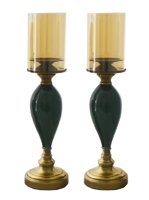 Pair of Brass and Ceramic Candle Holders with Tinted Glass Shades - Image 1 of 3